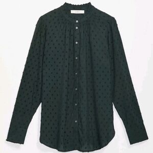 NWT Loft Pine Needle Green Clip Dot Ruffle Collar Button Down Shirt Size XS